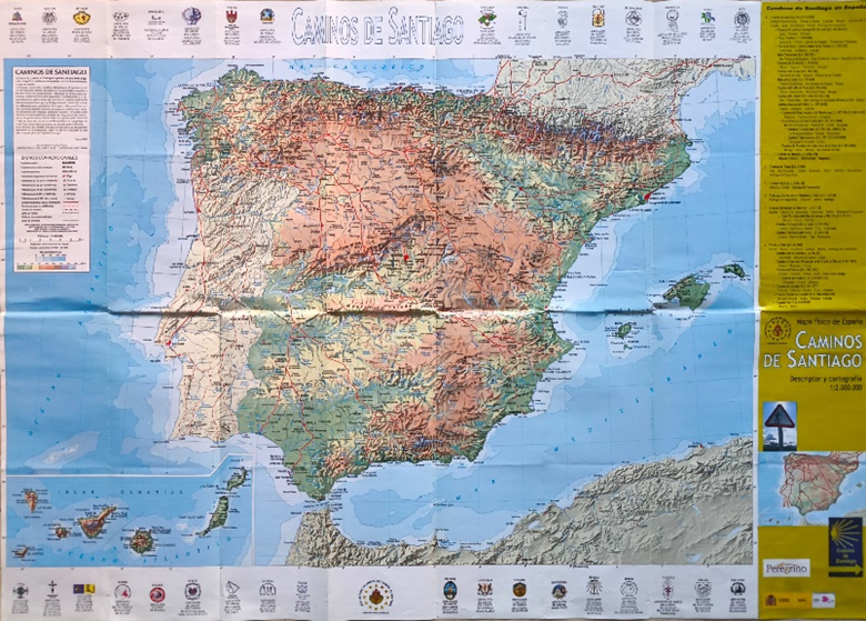 Mapa físico de España. Caminos de Santiago. Descriptor y cartografía.  1: 2.000.000